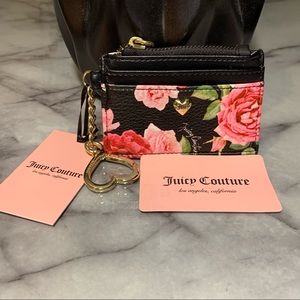 Juicy Couture Los Angeles, California Black Floral Card Wallet with Heart Clip
